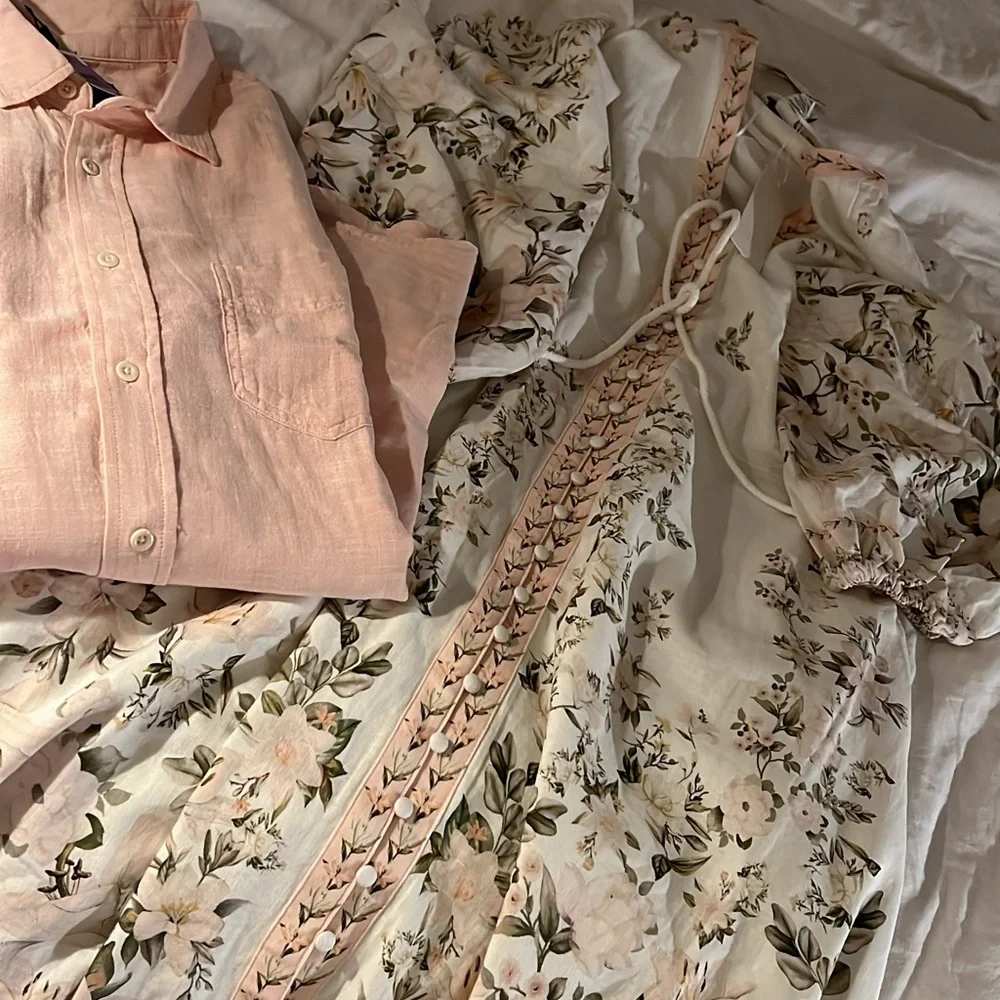 Calypso St. Barth Cream Midi Dress with Green & Soft Yellow Floral Embroidery - Picture 2 of 3